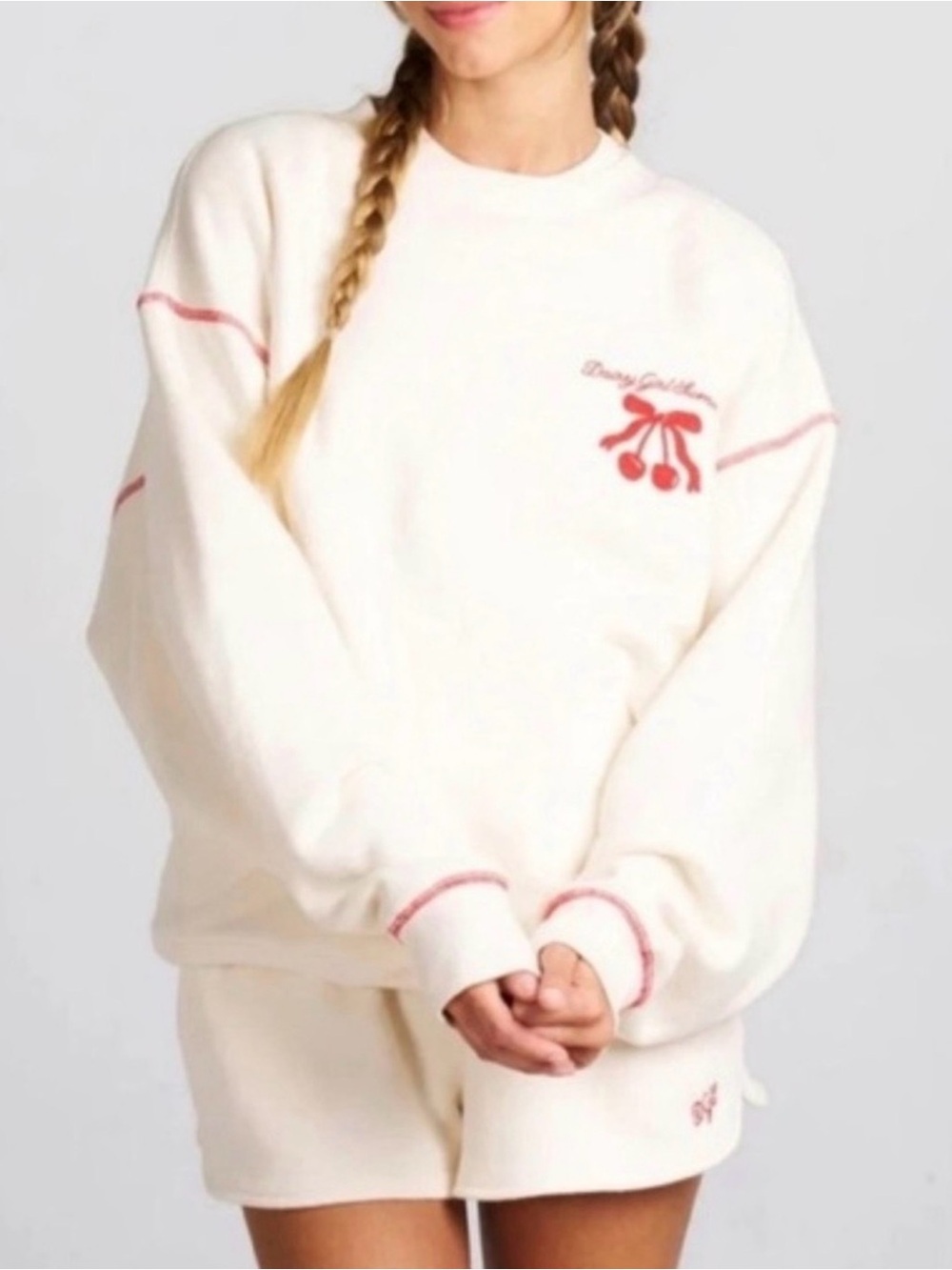 Dairy Boy Cream Crewneck Sweatshirt with Red Cherry Graphic
